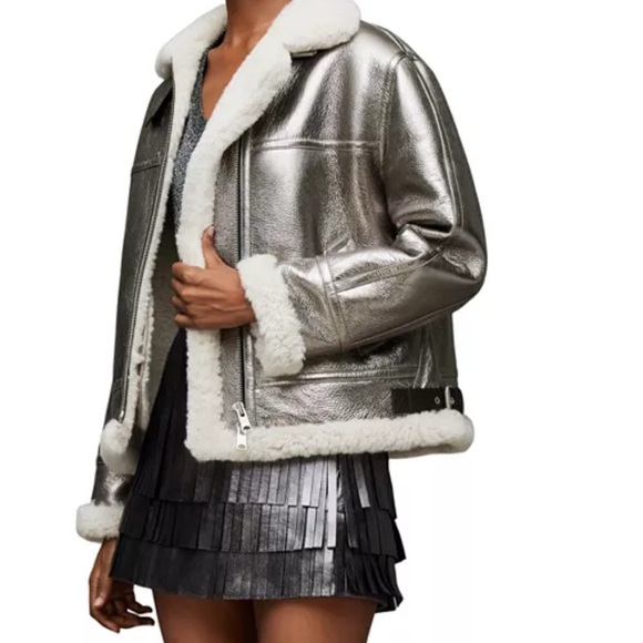 NWT AllSaints Silver Lorel Shearling Jacket Medium – Metallic Luxe Statement - Picture 3 of 15